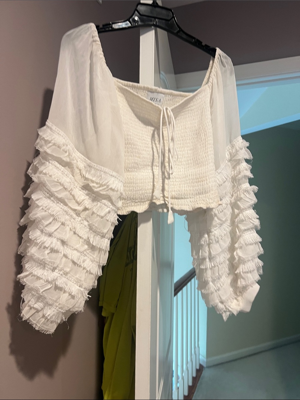Misa Los Angeles white Smocked Crop Top with Sheer Puff Sleeves M